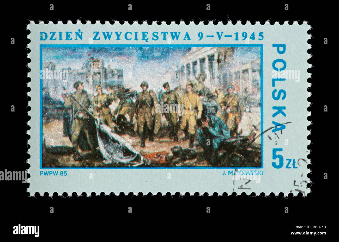 Briefmarke her Polen Darstellung des Jozef Mlynarski Malerei" Sieg, Berlin 1945", 40-jähriges Bestehen, die Befreiung Polens von der deutschen Okkupation Stockfoto