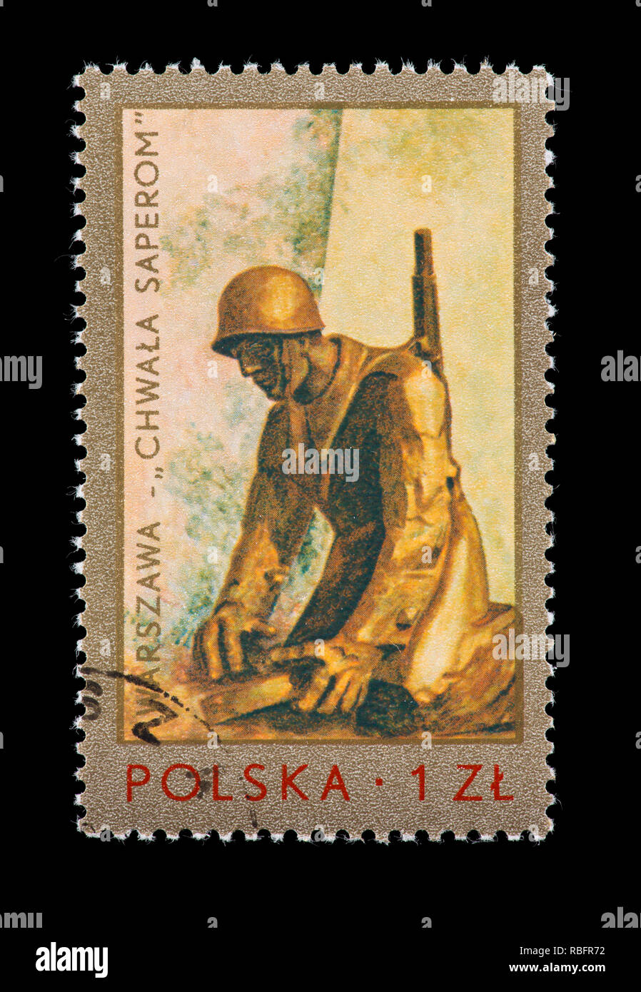 Briefmarke aus Polen mit der Darstellung der Stanislaw Kulow Skulptur Sappers Denkmal in Warschau, 30. Jahrestag des Endes des Zweiten Weltkriegs 2. Stockfoto
