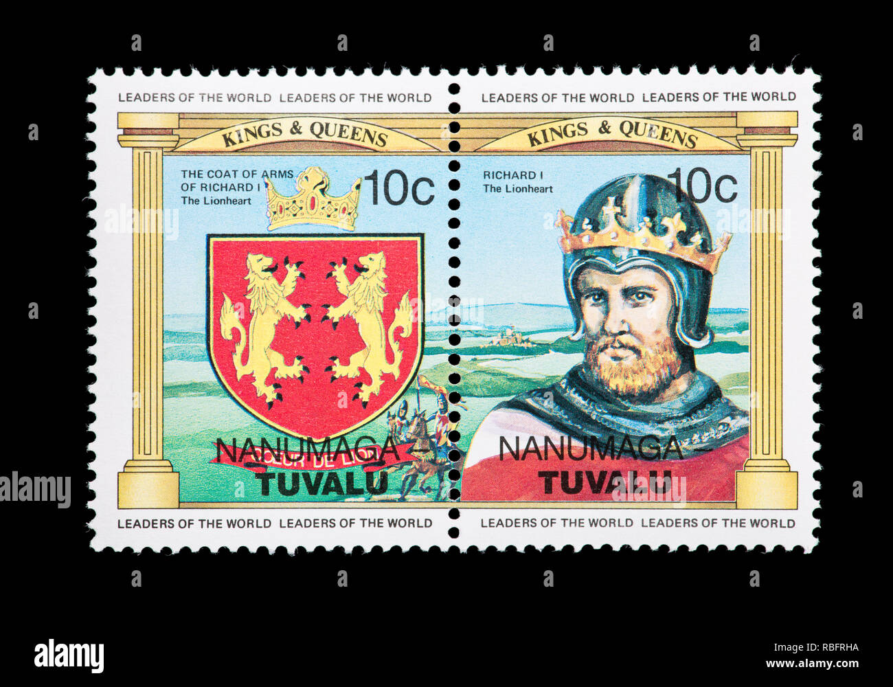Briefmarke aus Nanumaga Tuvalu, Richard (Richard Löwenherz) und Wappen. Stockfoto