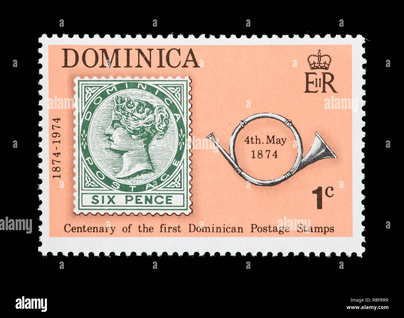 Briefmarke in Dominica, Dominica # 8 und ein posthorn Stockfoto