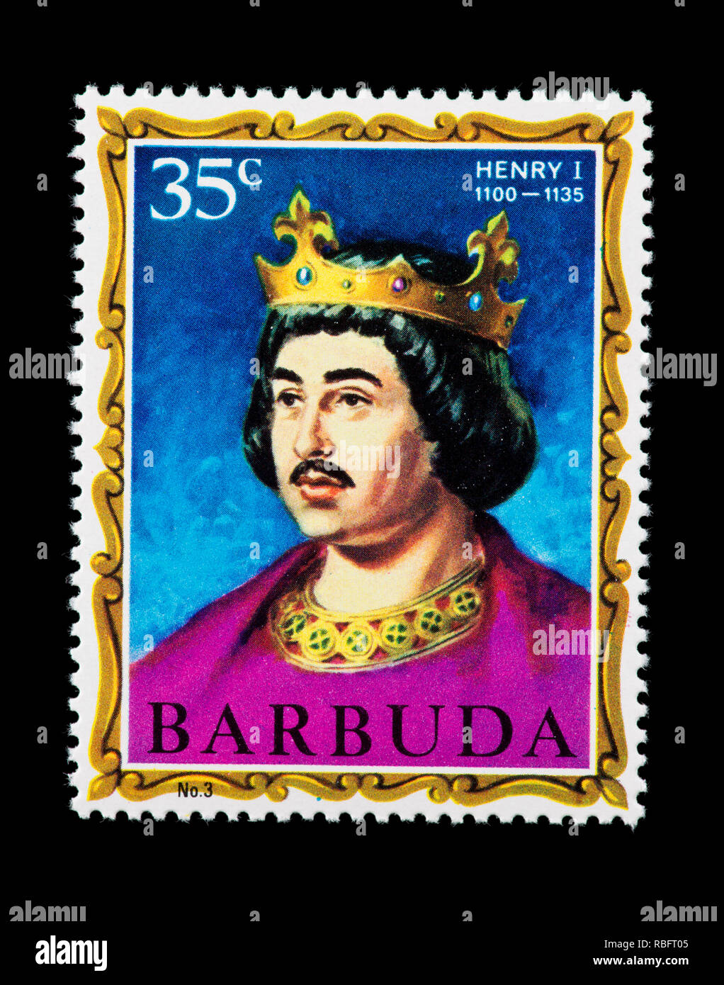 Briefmarke von Barbuda Darstellung Heinrichs I., König von England. Stockfoto