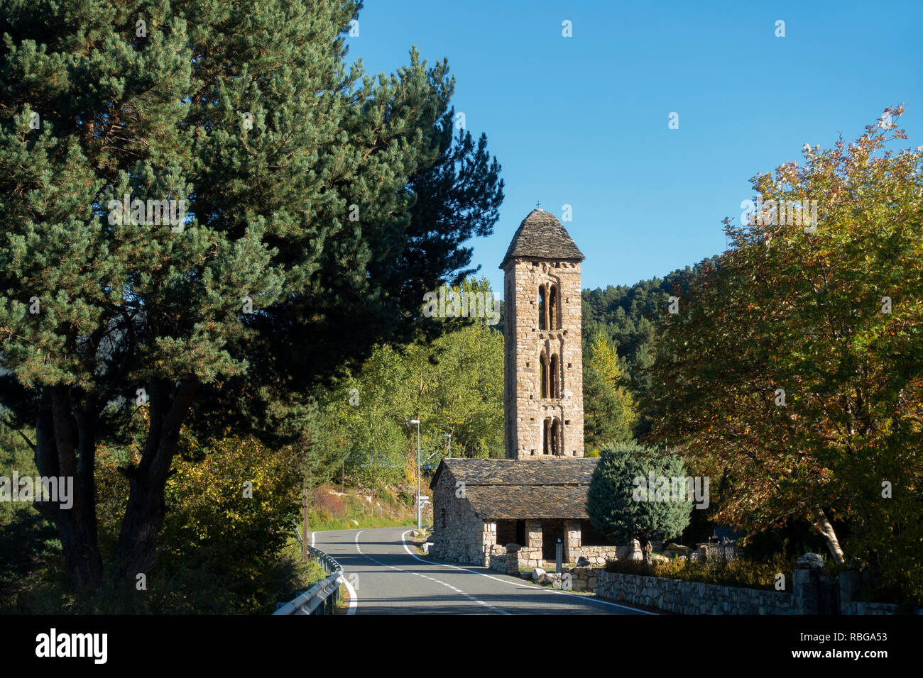 Sant Miquel d'Engolasters Kirche. 12. Jahrhundert Escaldes-Engordany Andorra Stockfoto
