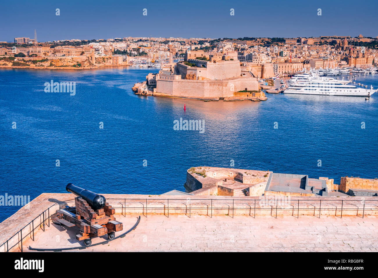 Malta, Blick auf Fort St. Angelo Grand Harbour von Valletta, der maltesischen Insel. Stockfoto