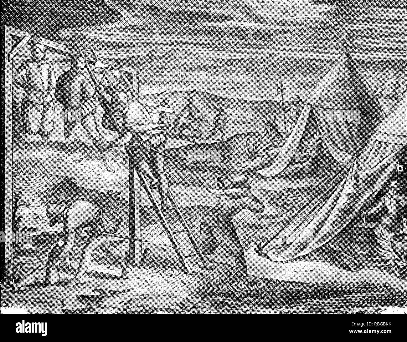 Kannibalismus Episoden in der Eroberung des Inka-reiches durch spanische Eroberer Francisco Pizarro im XVI. Jahrhundert: Hunger verzweifelt Spanischen Soldaten Essen menschliches Fleisch Stockfoto
