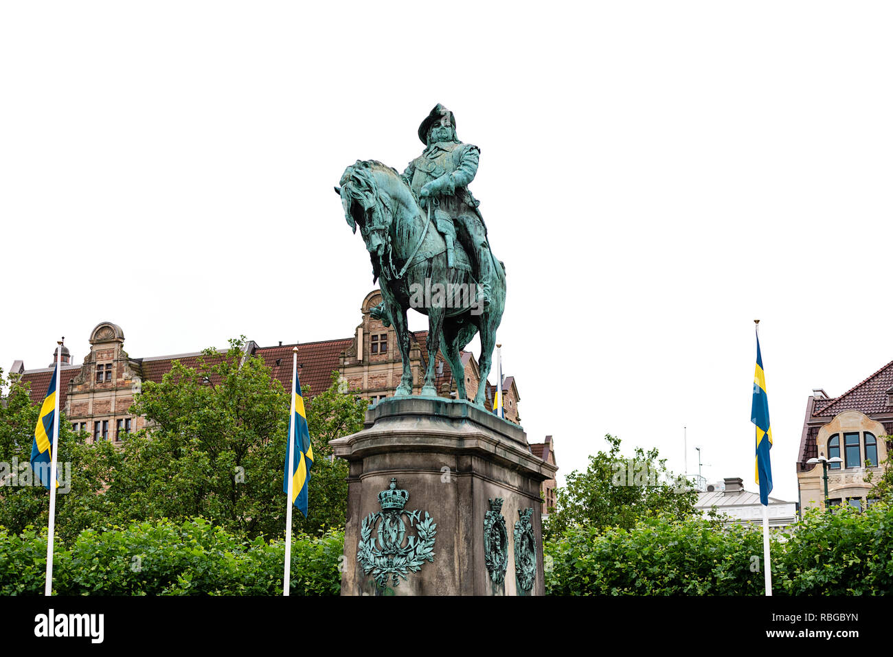 Malmö, Schweden - 25. Juli 2017: Platz Stortorget mit dem Reiterstandbild von König Karl X Gustav von John Borjeson Stockfoto