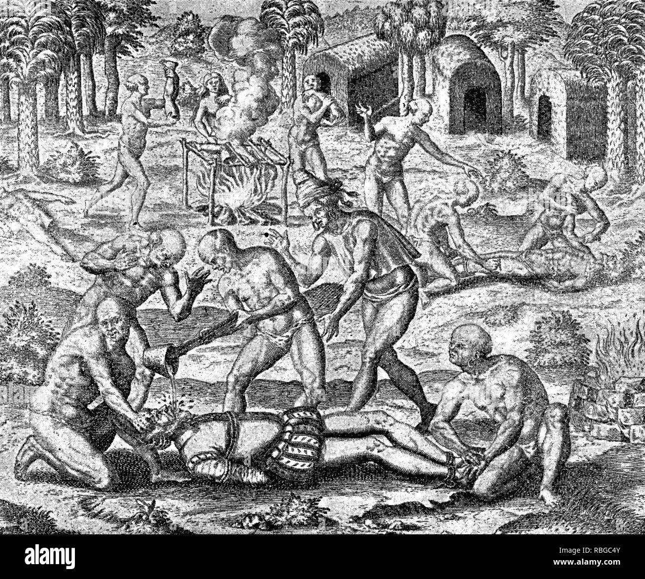 Eroberung des Inka-reiches durch spanische Eroberer Francisco Pizarro im XVI. Jahrhundert: Aborigines werfen flüssiges Gold in die Kehle eines spanischen Soldaten, weiss andere Indianer cook menschliches Fleisch Stockfoto