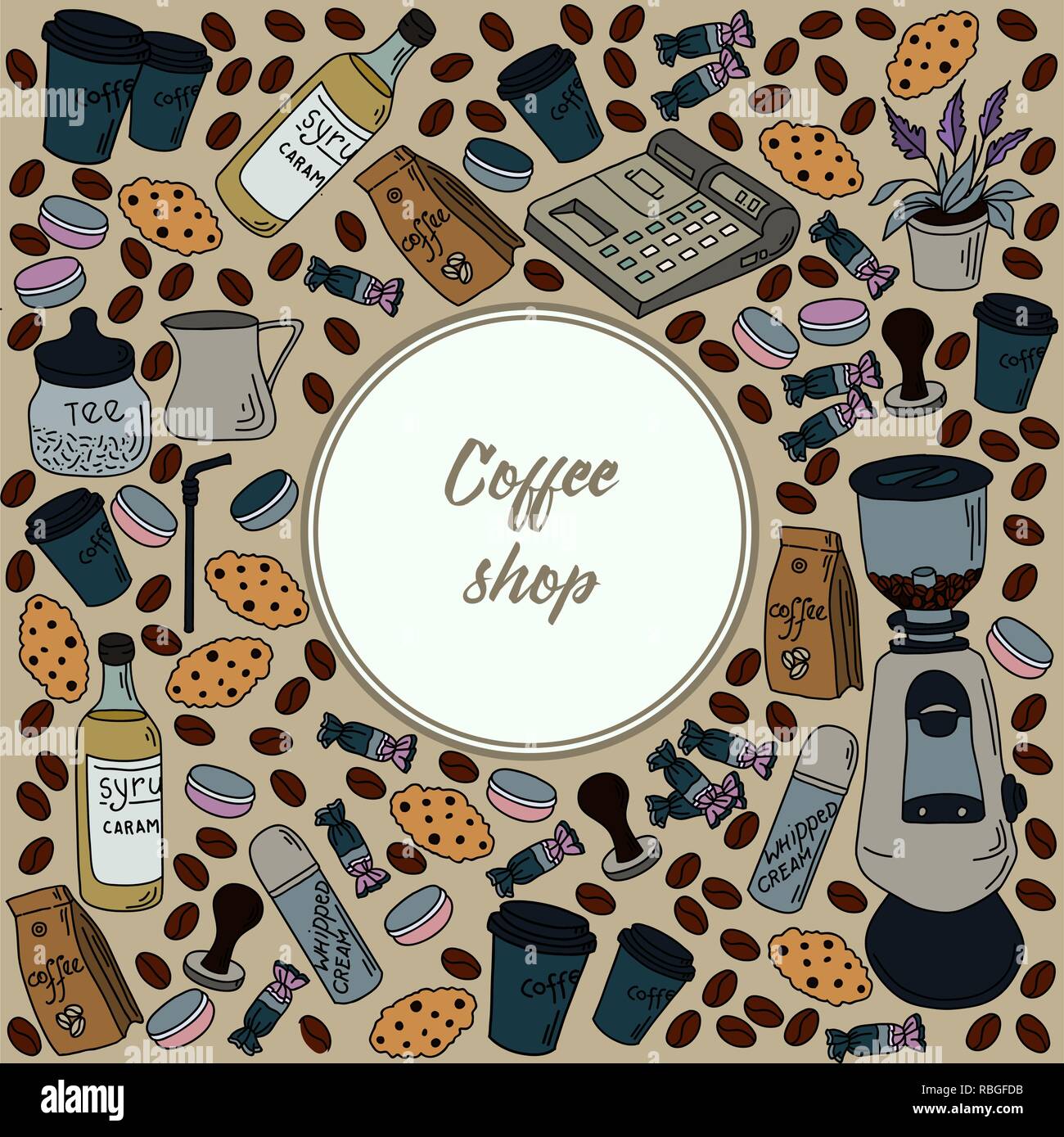 Cartoon vektor Hand gezeichnet Doodle Coffee shop Abbildung. Bunte design Hintergrund mit Gegenständen und Symbolen. Stock Vektor