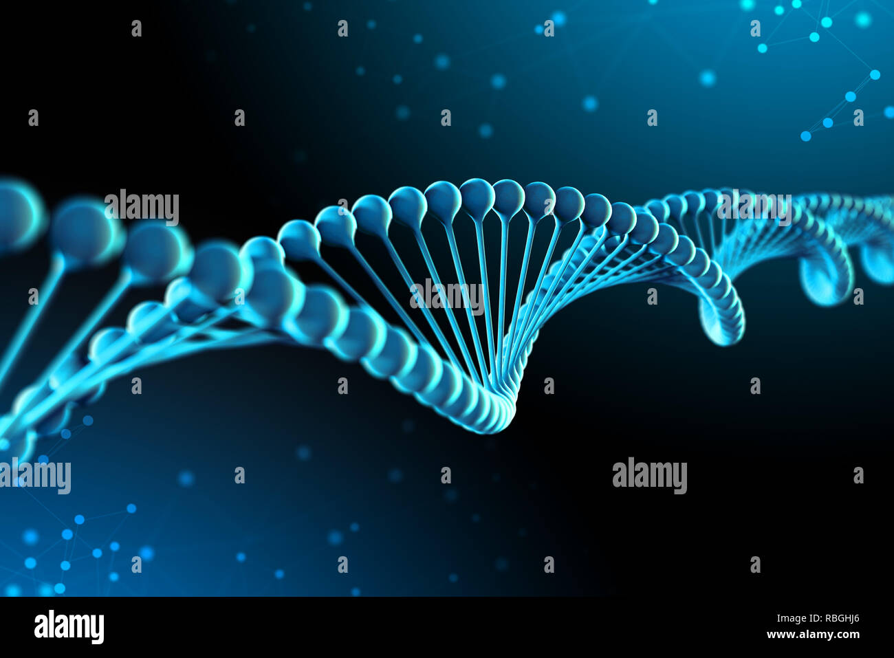 3D-Darstellung der DNA-Molekül. Das Gangrad des Moleküls aus einem nukleotid in der Umgebung des Organismus wie in der Raumfahrt. Das Konzept der Genom- und modific Stockfoto