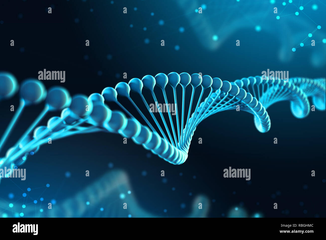 3D-Darstellung der DNA-Molekül. Das Gangrad des Moleküls aus einem nukleotid in der Umgebung des Organismus wie in der Raumfahrt. Das Konzept der Genom- und modific Stockfoto
