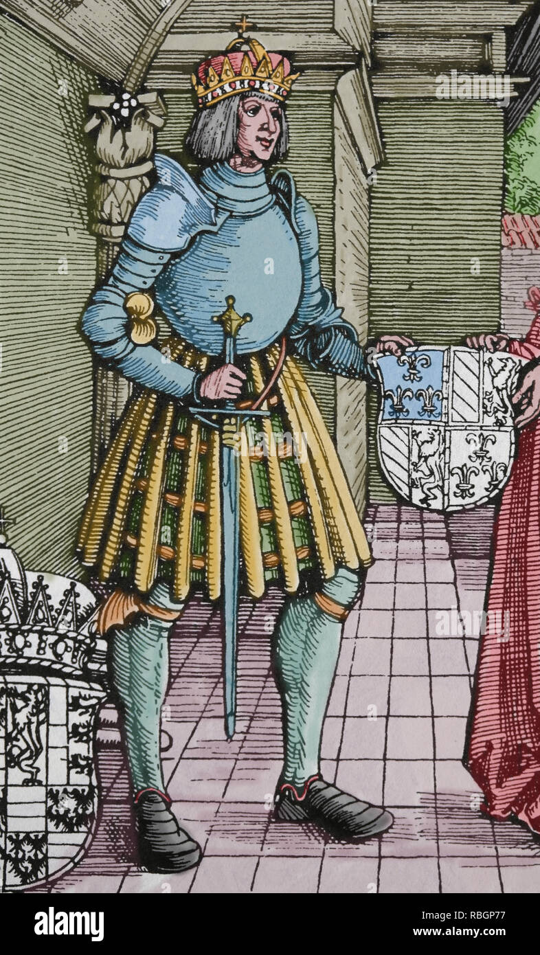 Maximilian I (1459-1519). Kaiser des Heiligen Römischen Reiches. Kupferstich von Dürer. Die Verlobung von Maximilian I. und Maria von Burgund. Detail. Stockfoto