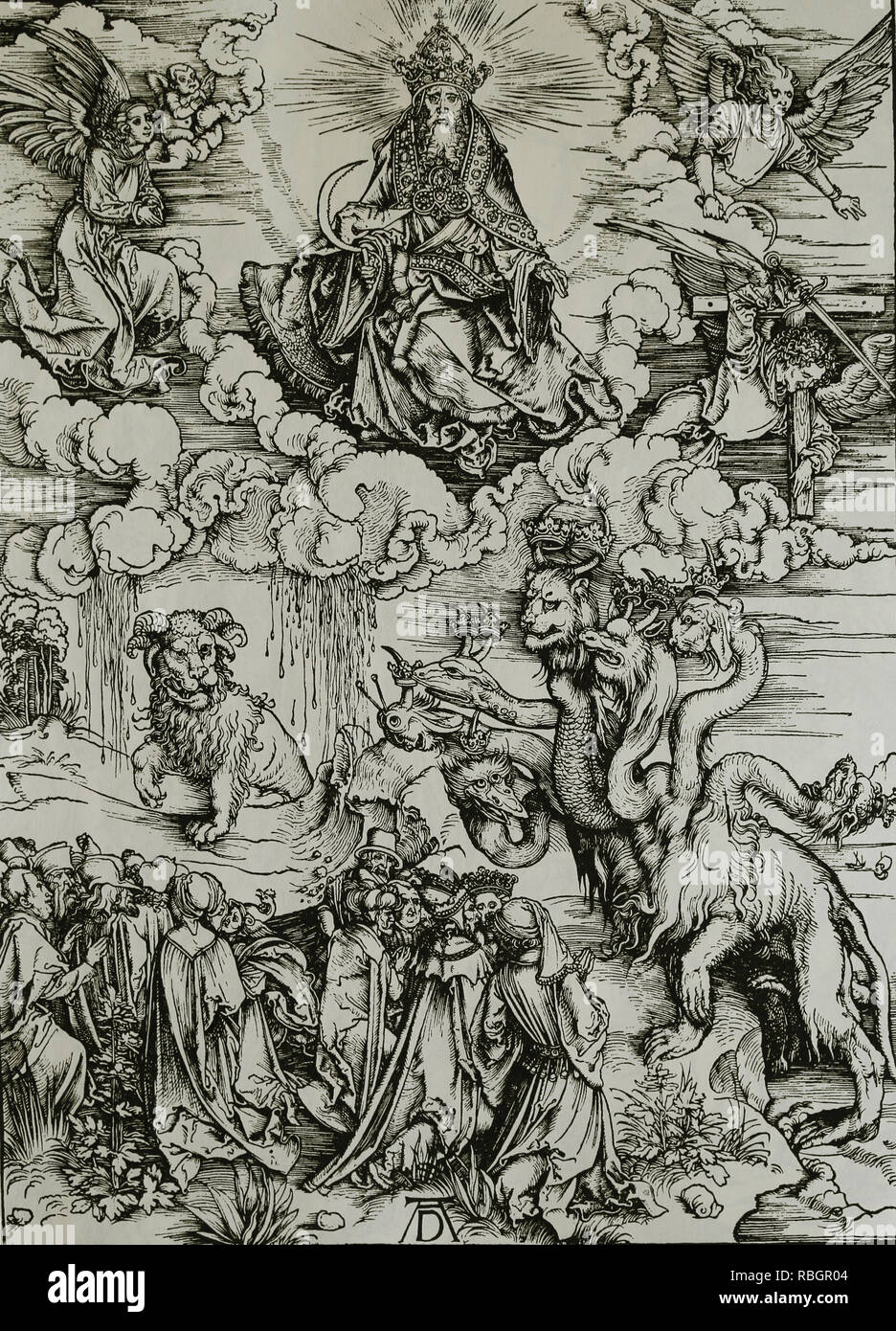 Das Tier mit den Hörnern des Lammes und das Tier mit 7 Köpfen. Apokalypse von Albrecht Dürer. 1498. Stockfoto