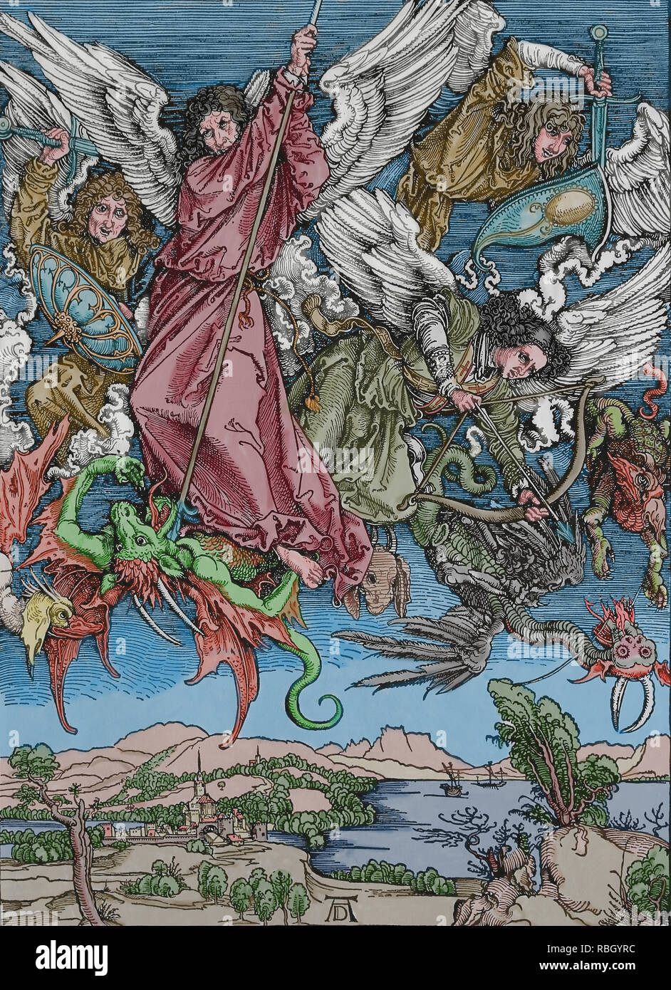 St. Michael im Kampf gegen die Drachen. Apokalypse von Albrecht Dürer. 1498. Stockfoto