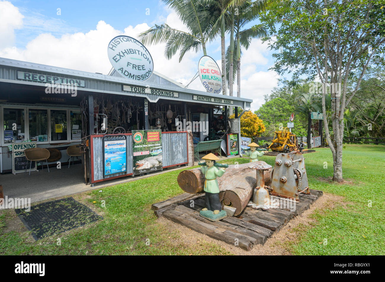 Historische Ausstellung im Daintree und Riverview Lodge & Van Park, Daintree Village, Far North Queensland, FNQ, QLD, Australien Stockfoto
