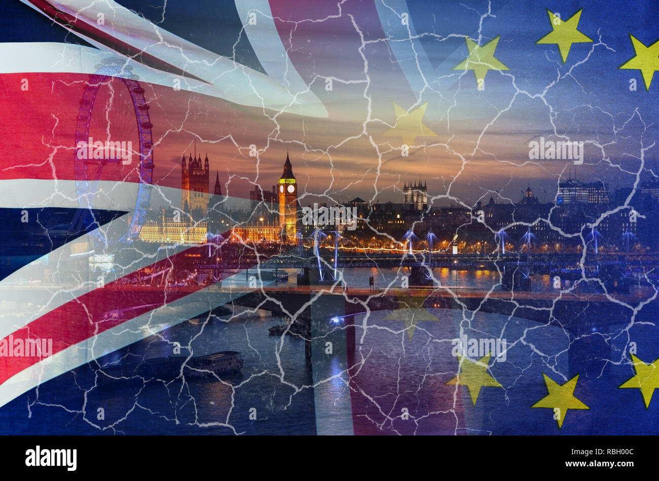 Kein Deal Brexit Konzept Bild der Risse über Bild von London mit UK- und EU-Flaggen im Bild Stockfoto