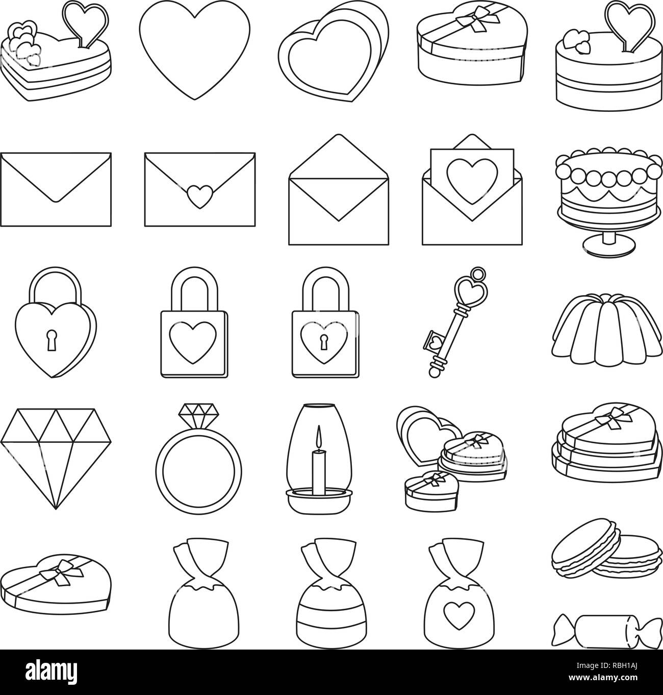 Line Art Schwarz und Weiß 26 valentine Elemente Stock Vektor