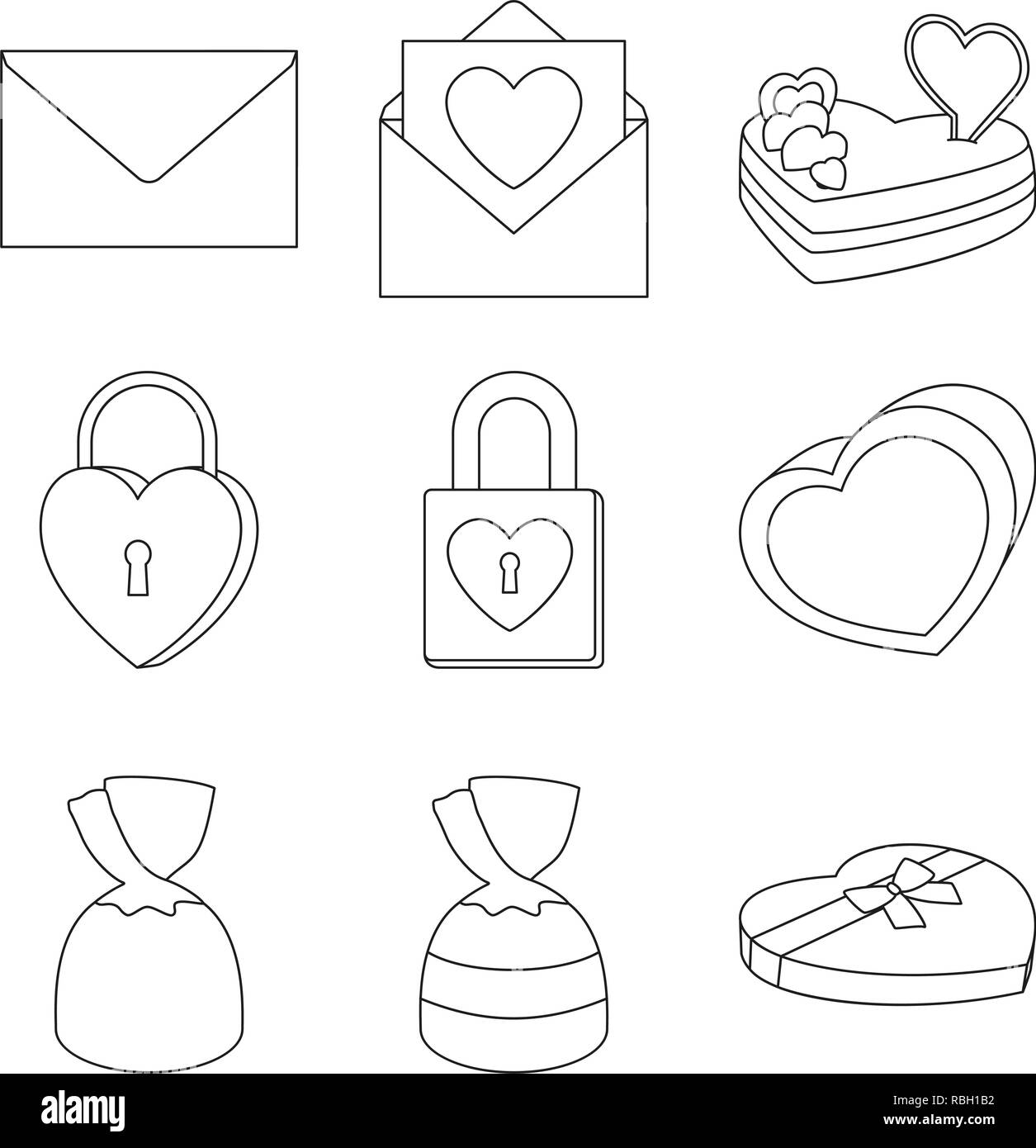 9 line Art Schwarz und Weiß valentine Elemente Stock Vektor