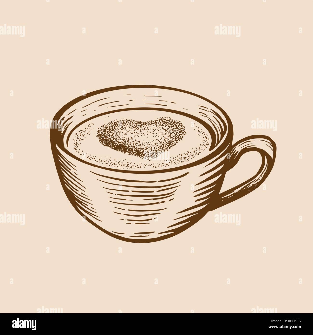 Handskizze Tasse Tee Kaffee mit Herz gezeichnet. Graviert stil Vector Illustration. Stock Vektor