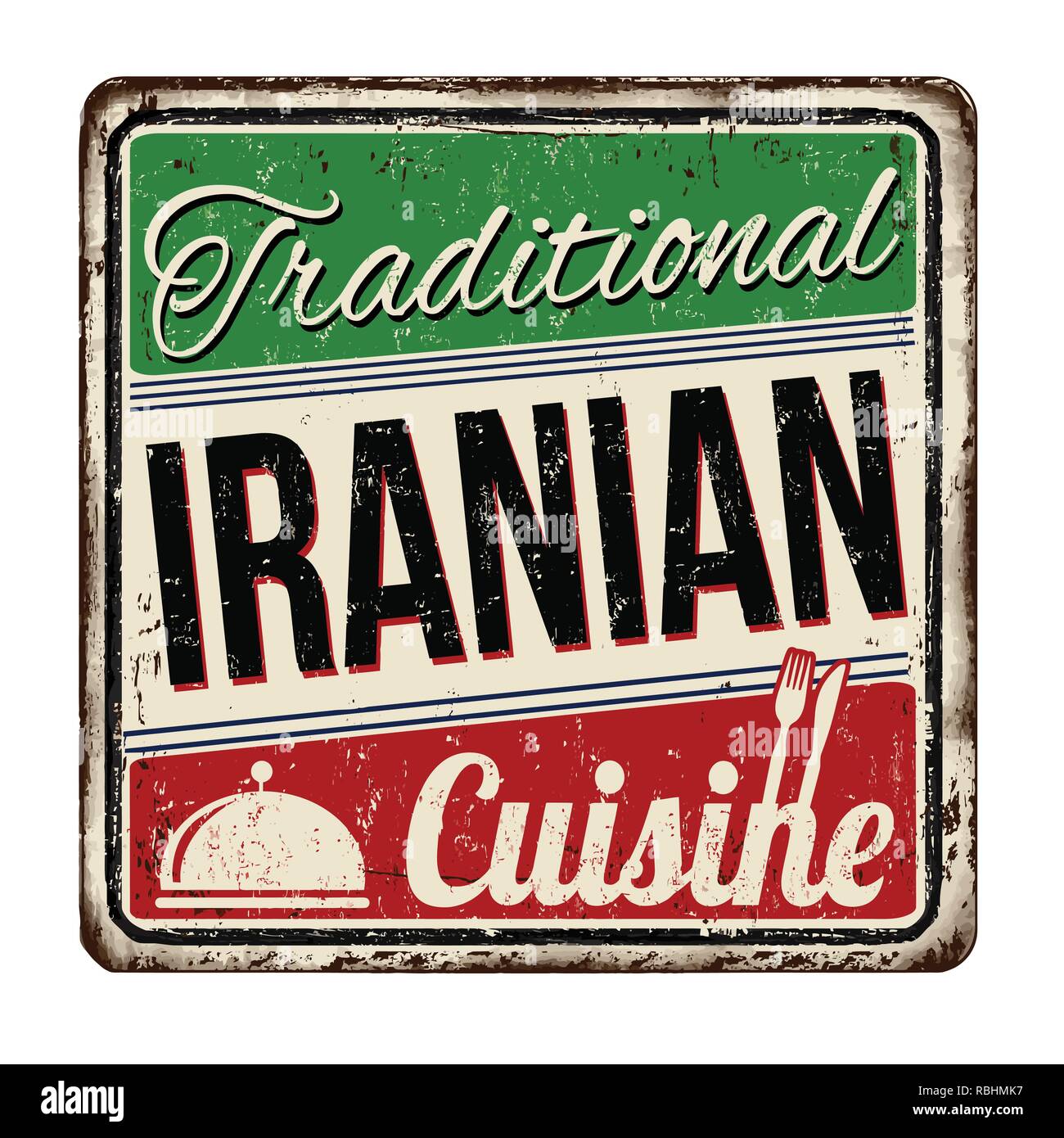 Traditionelle iranische Küche vintage rostiges Metall Zeichen auf weißem Hintergrund, Vector Illustration Stock Vektor