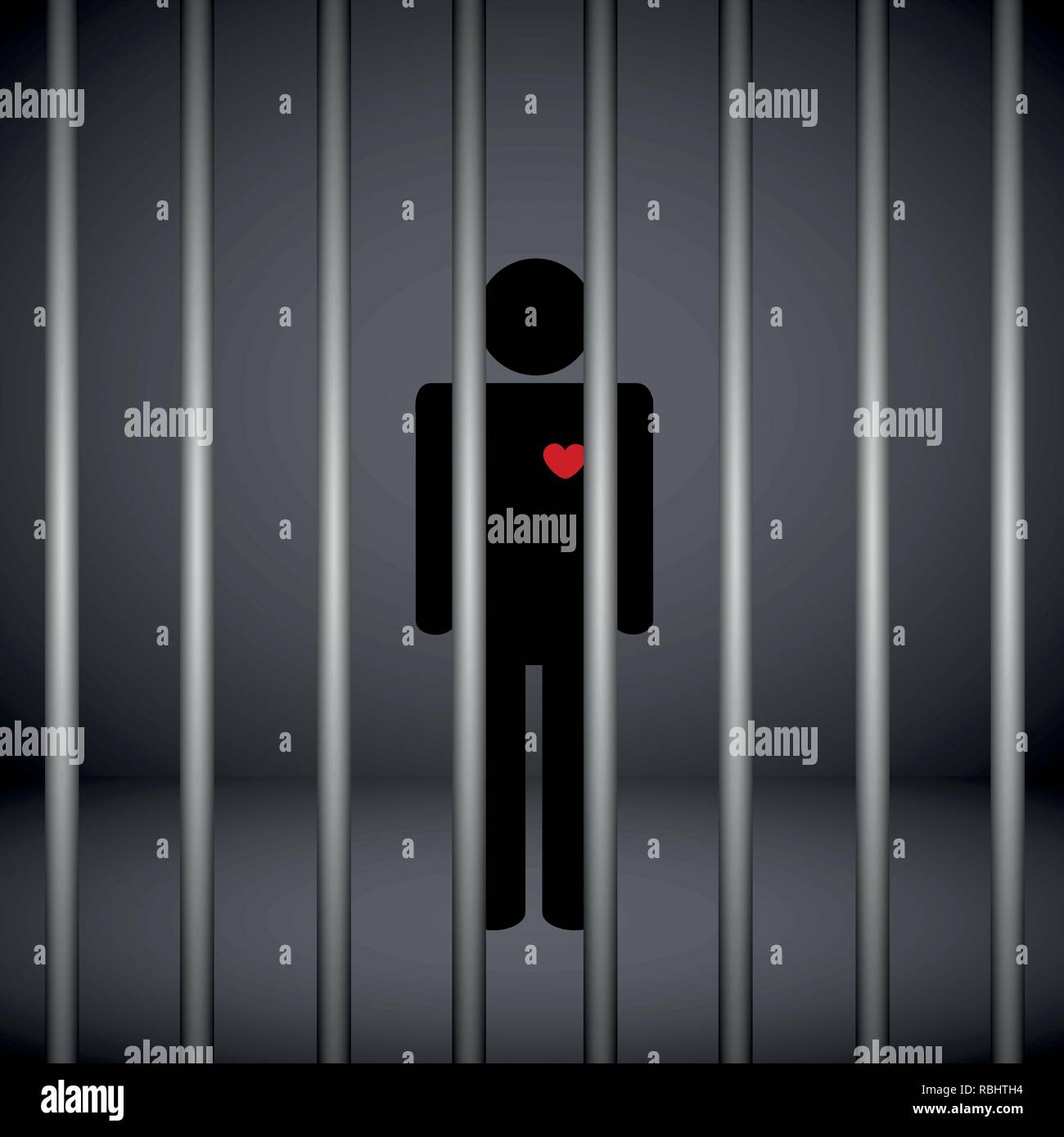 Mann mit roten Herzen im Gefängnis auf dunklem Hintergrund Vektor-illustration EPS 10. Stock Vektor