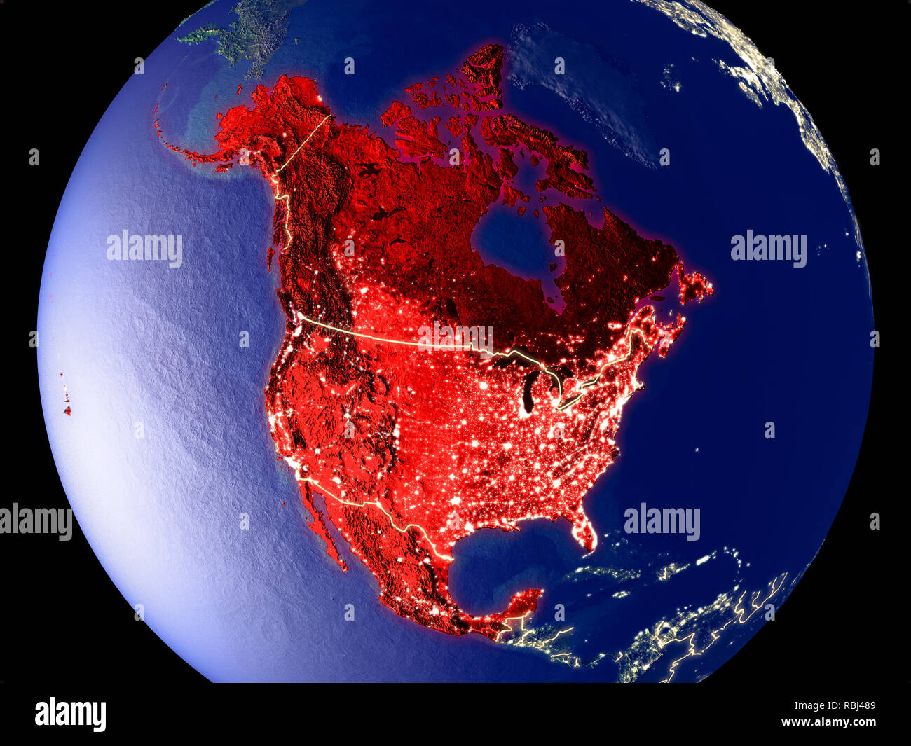 NAFTA-Mitglied staaten aus dem Weltraum auf die Erde bei Nacht. Sehr feine Details der Plastic Planet Oberfläche mit hellen Lichter der Stadt. 3D-Darstellung. Elemente o Stockfoto