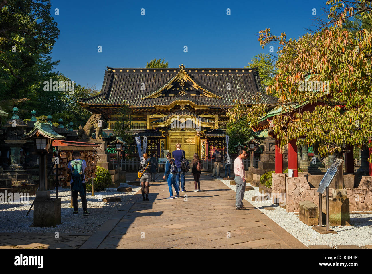 Touristen besuchen die alte Tosho-gu Shinto Schrein im Ueno Park in Tokio, ein großartiges Beispiel der religiösen Architektur in der Edo Periode Stockfoto