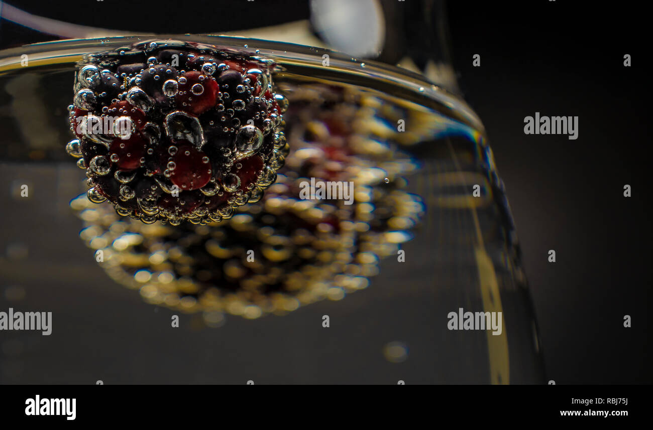 Blackberry Beeren mit Blasen in einem Glas mit einem kohlensäurehaltigen Getränk close-up. Stockfoto