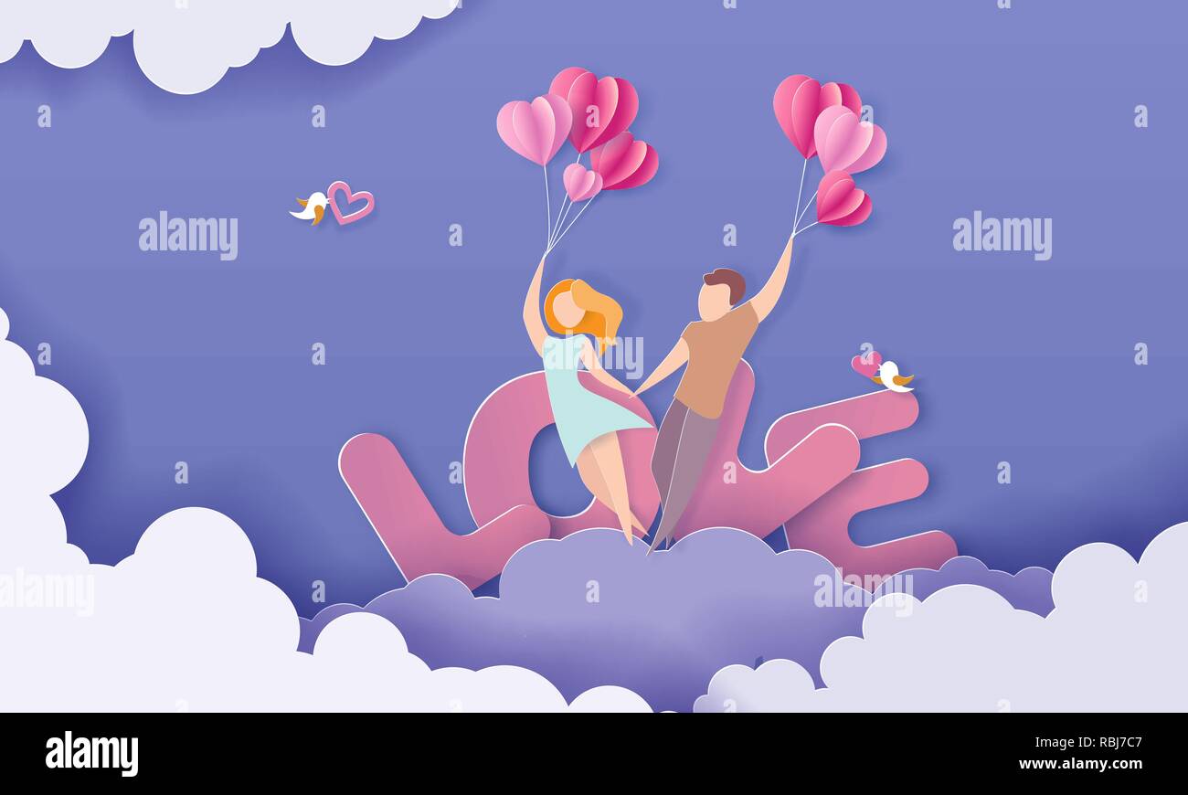 Valentines Tag Karte mit ein paar Hände halten in Liebe, die auf Wolken mit Luftballons. Vektor Papier art Illustration. Papier geschnitten und Handwerk Stil. Stock Vektor