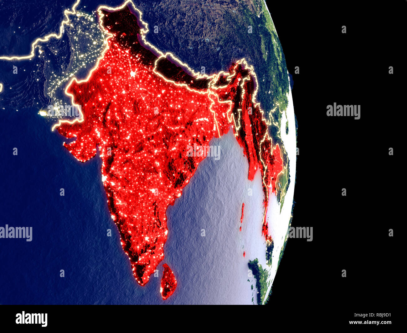 Satellitenansicht von BIMSTEC Mitglied staaten bei Nacht mit sichtbaren hellen Lichter der Stadt. Extrem feine Details der Plastic Planet Oberfläche. 3D illustratio Stockfoto