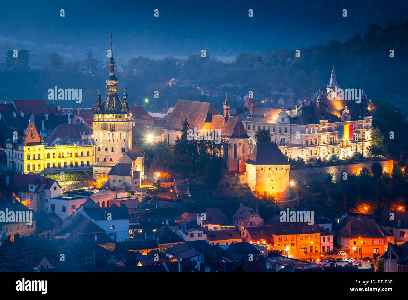 Sighisoara, Siebenbürgen. Mittelalterliche Zitadelle in Rumänien bekannt für den Clock Tower, Sächsischen Sehenswürdigkeiten. Stockfoto