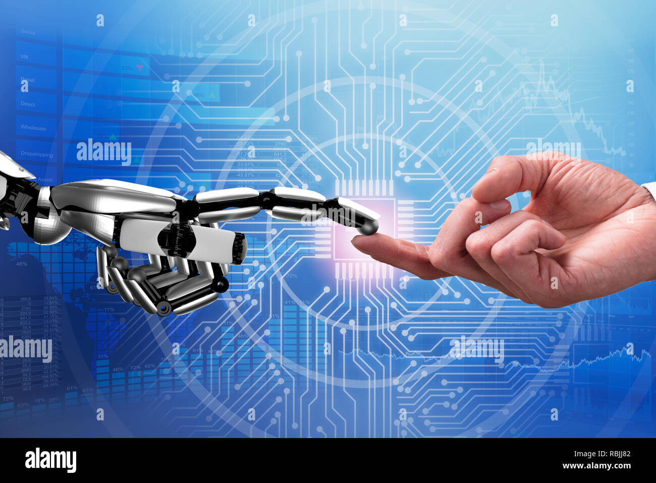 Close-up von Roboter und Mensch Berühren jedes anderen Finger gegen Futuristischen Hintergrund Stockfoto