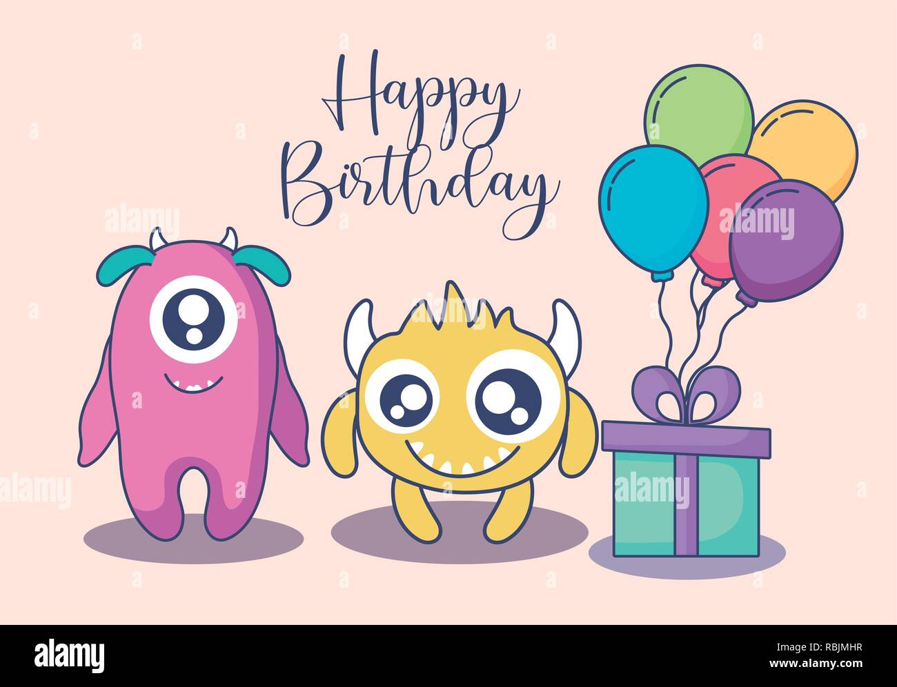 Monster mit Ballons Helium und Geschenk Geburtstag Karte Vector Illustration Design Stock Vektor