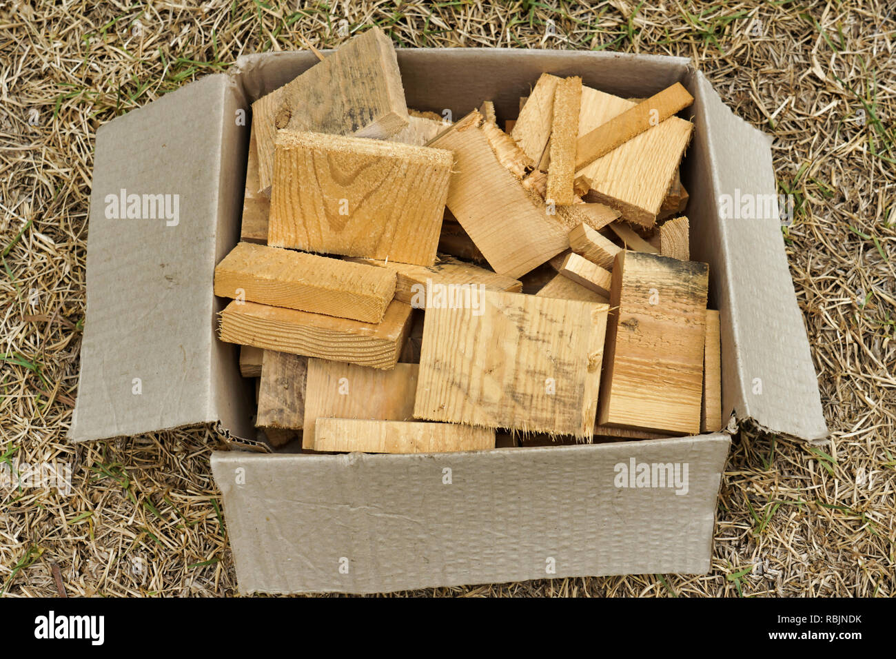 Stapel von Holz Bausteine/aus Schnitte für Kunst und Handwerk in einer Box verwendet Stockfoto