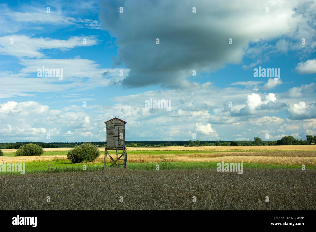 Hölzerne Kanzel auf Feld, Horizon und blauer Himmel Stockfoto