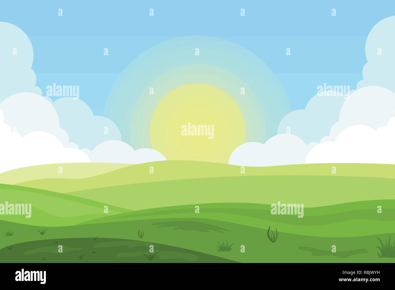 Vector Illustration der Felder Landschaft mit grünen Hügeln, blauer Himmel, und Wald im flachen Stil. Ländliche Landschaft. Vector Illustration. Stock Vektor