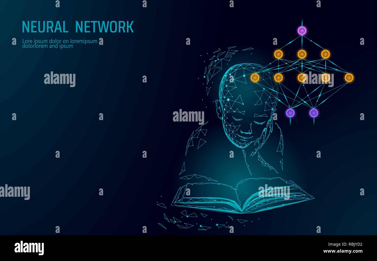Kind Bildung online Konzept. Künstliche neuronale Netzwerk Technik Wissenschaft Medizin cloud computing. AI 3D abstract Biologie System. Polygonal blau leuchtende Vector Illustration Stock Vektor