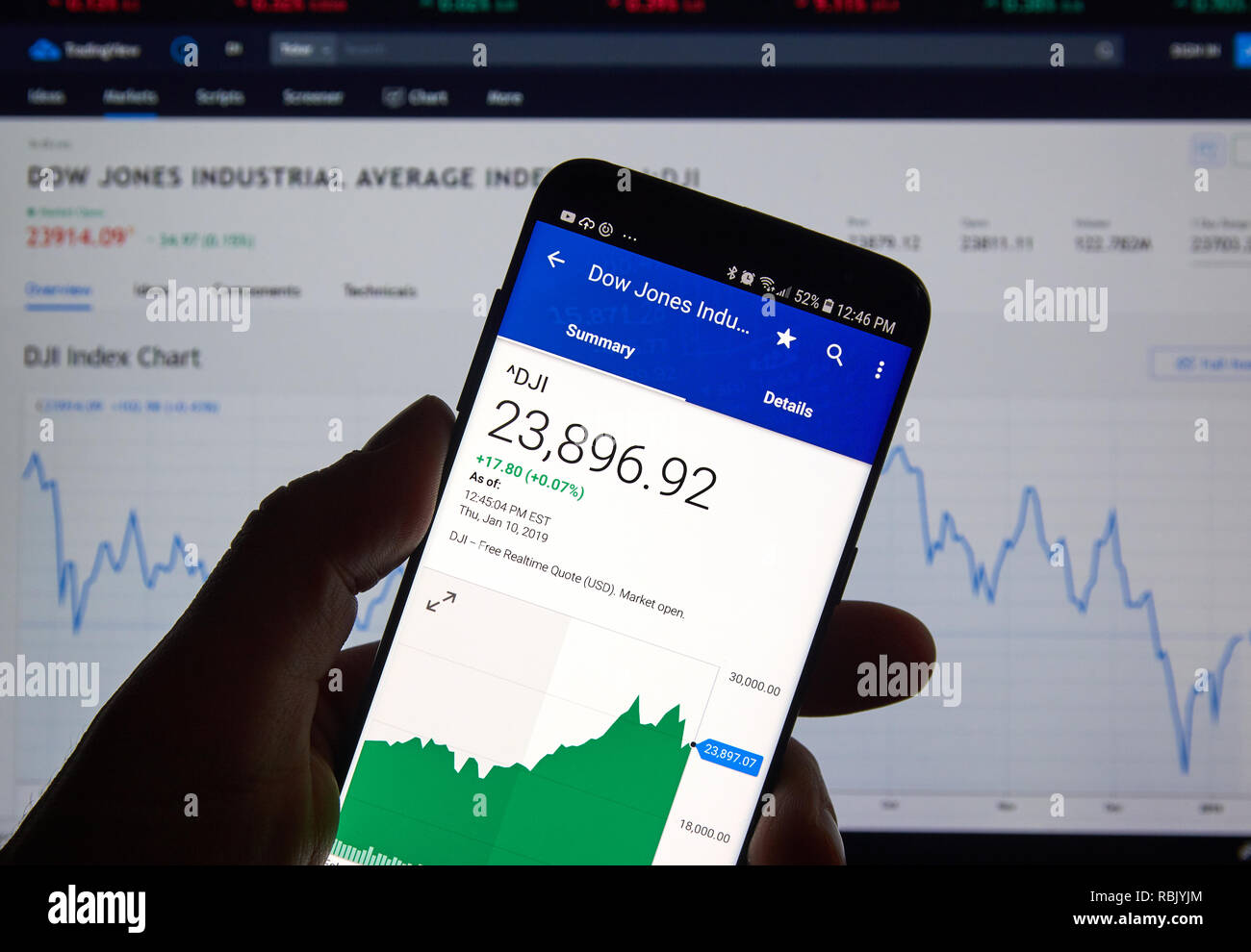 MONTREAL, KANADA - 10. JANUAR 2019: Dow Jones Industrial Average DJI Index Chart. Dow Jones Industrial Average, ist ein Aktienindex, die darauf hinweisen, dass Stockfoto