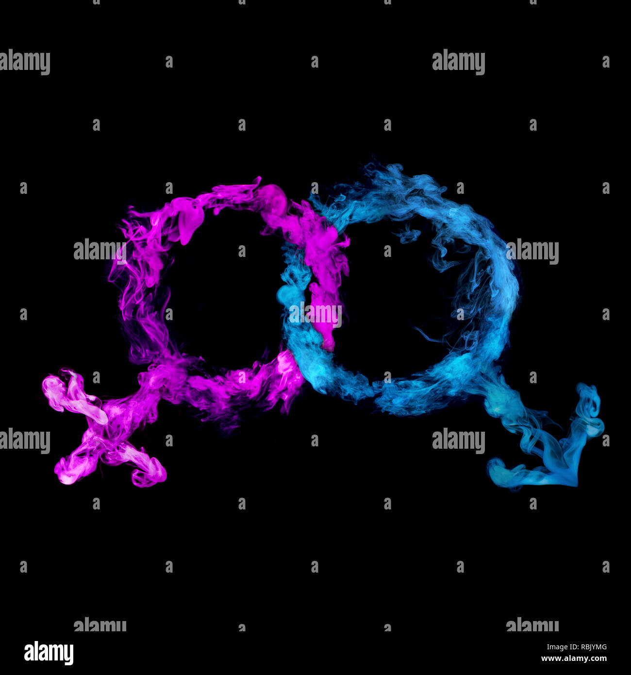 Männliche und weibliche Symbole aus rosa und blau bunt Rauch auf schwarzem Hintergrund Stockfoto