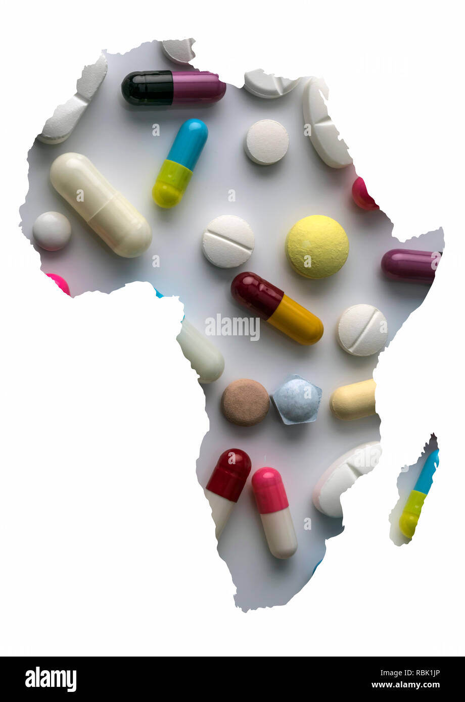 Karte Silhouette Afrika in Weiß, Medikamente und Pillen, konzeptionelle Bild Stockfoto