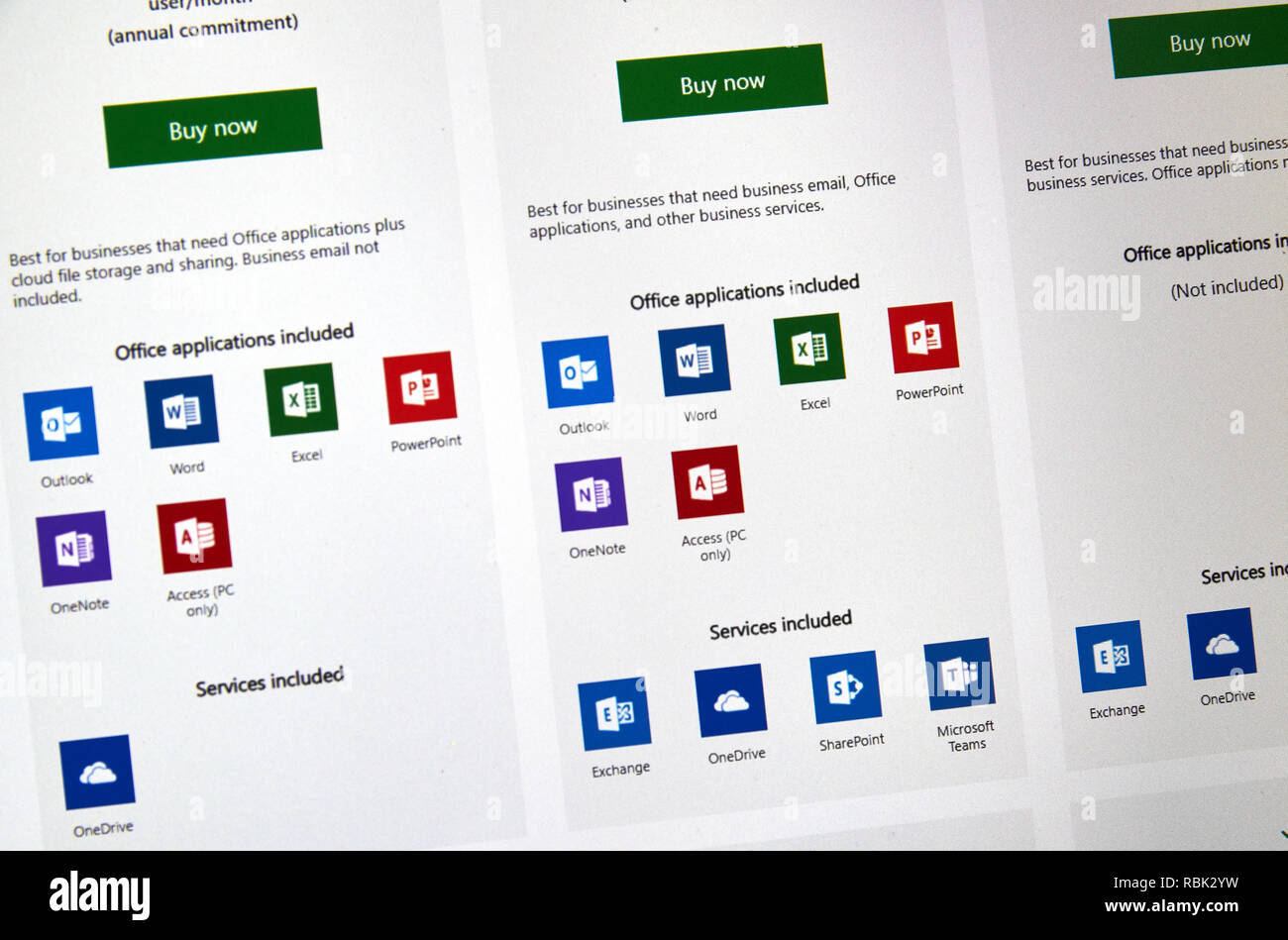 MONTREAL, KANADA - 10. Januar 2019: Microsoft Office 365 Symbole auf einem Bildschirm. Office 365 ist der Markenname Microsoft verwendet für eine Gruppe von Abonnements Stockfoto