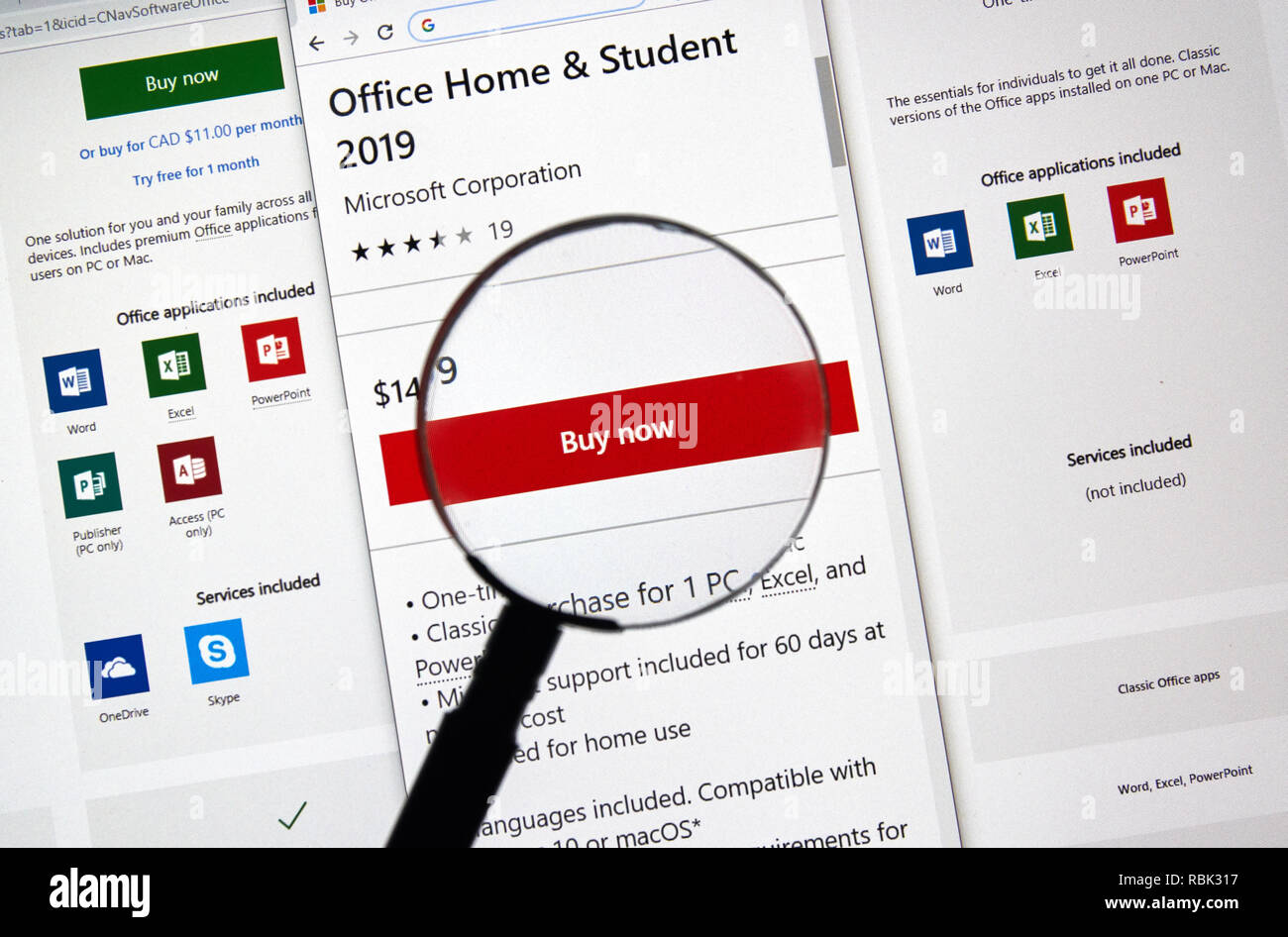 MONTREAL, KANADA - 10. Januar 2019: Microsoft Office 2019 Seite kaufen. Microsoft Office 2019 ist die neue Version von Microsoft Office, eine Produktivität Anzug Stockfoto