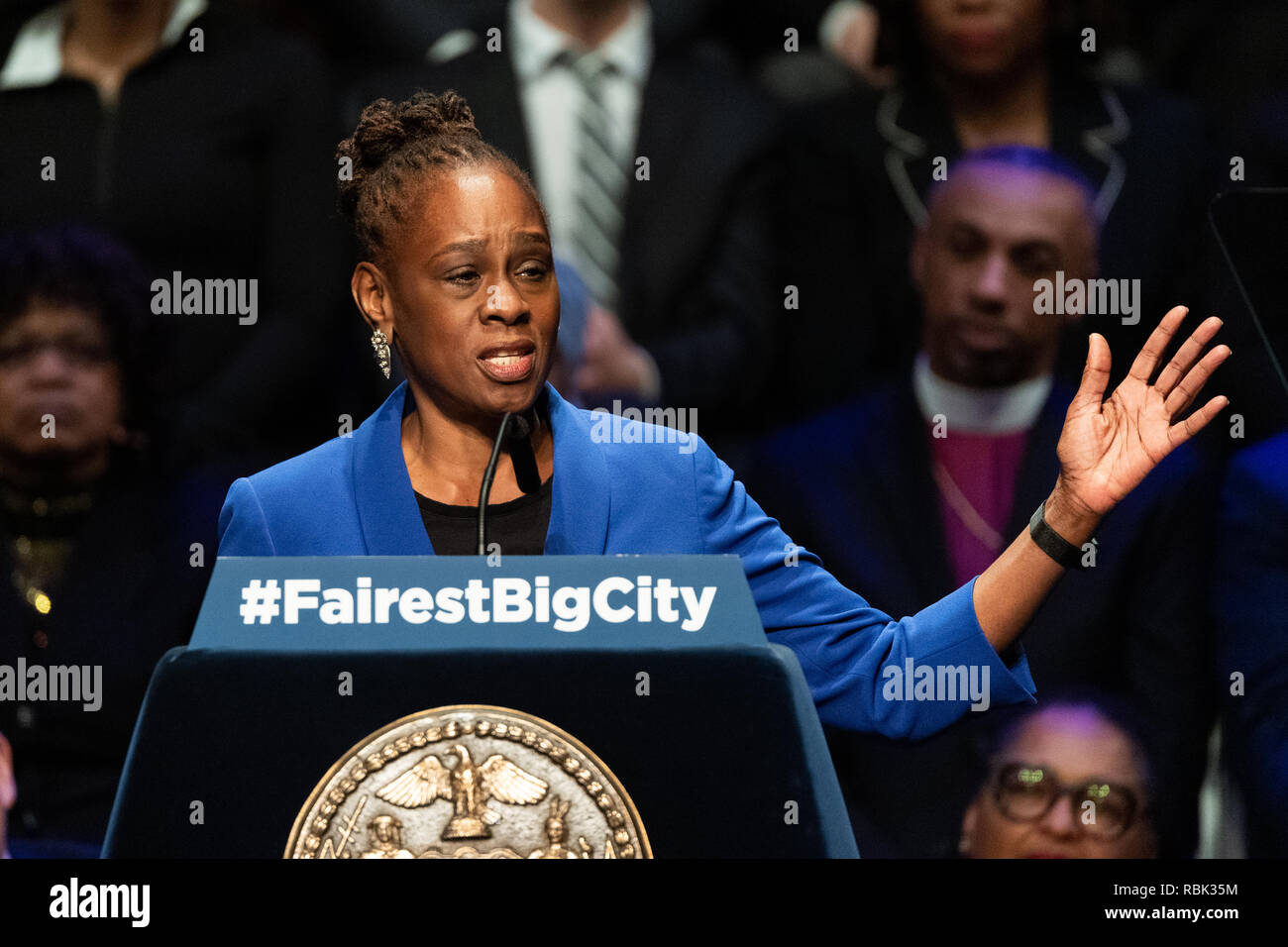 First Lady von New York City Chirlane McCray gesehen auf dem Stand der Stadt Adresse im Peter Jay Sharp Theater an der Symphonie Raum in New York City. Stockfoto