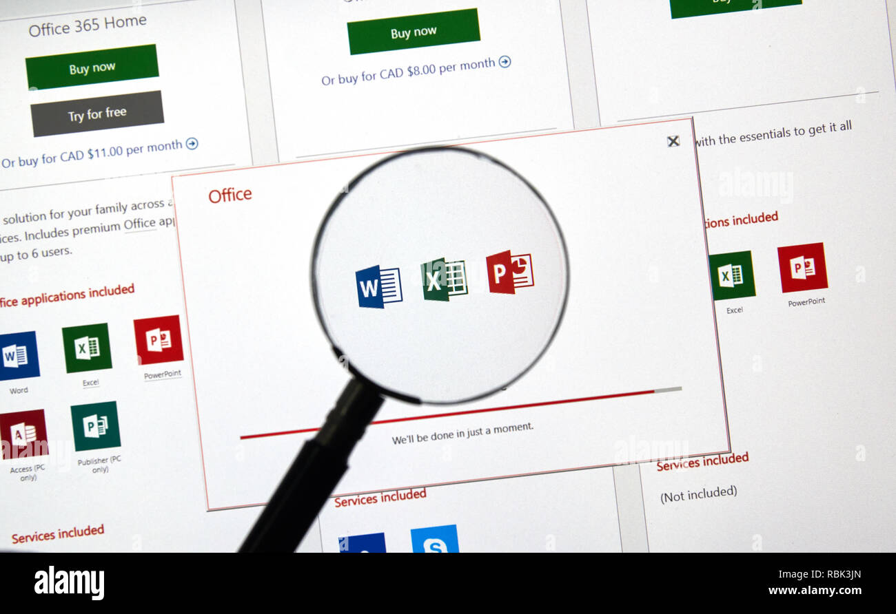 MONTREAL, KANADA - 10. Januar 2019: Microsoft Office 2019 Installation der Anwendung. Microsoft Office 2019 ist die neue Version von Microsoft Office, ein p Stockfoto
