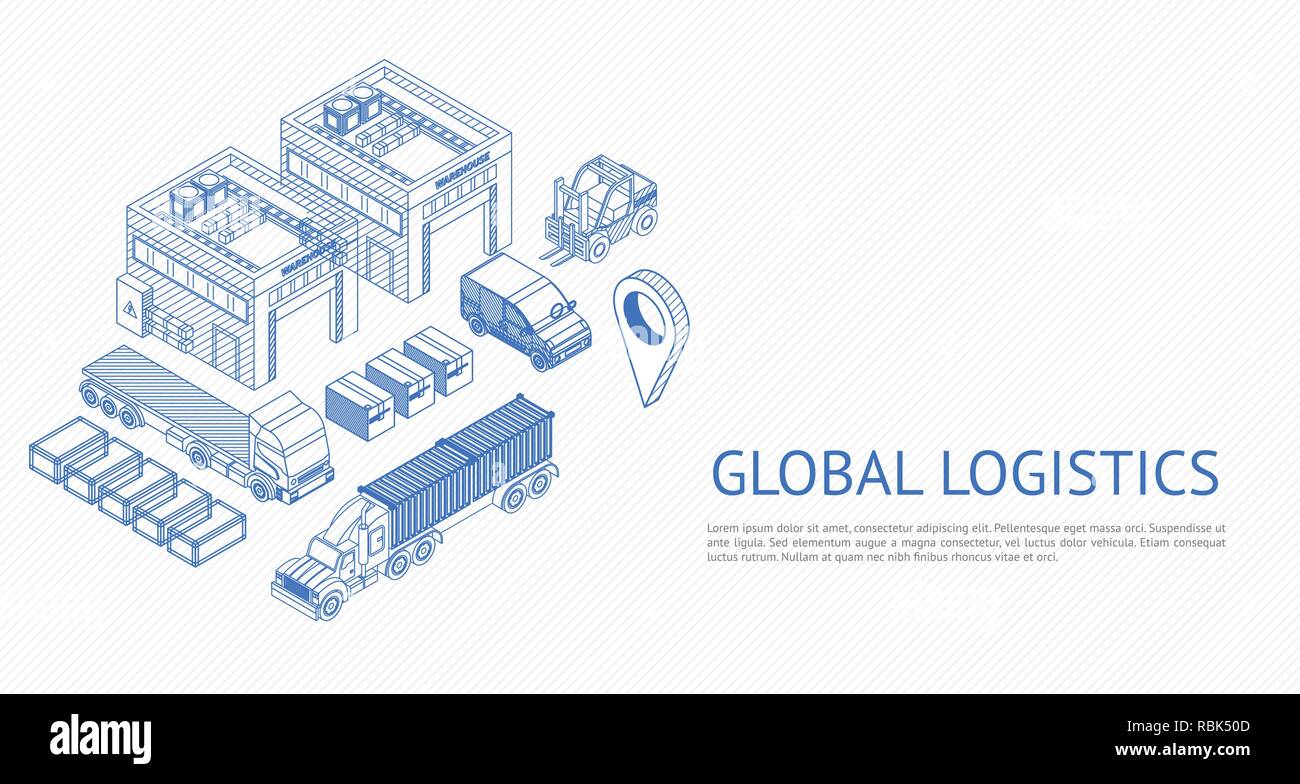 Zeitgenössische Drahtmodell der Symbole für Lkw und Lager übersicht Konzept der Delivery System Stock Vektor