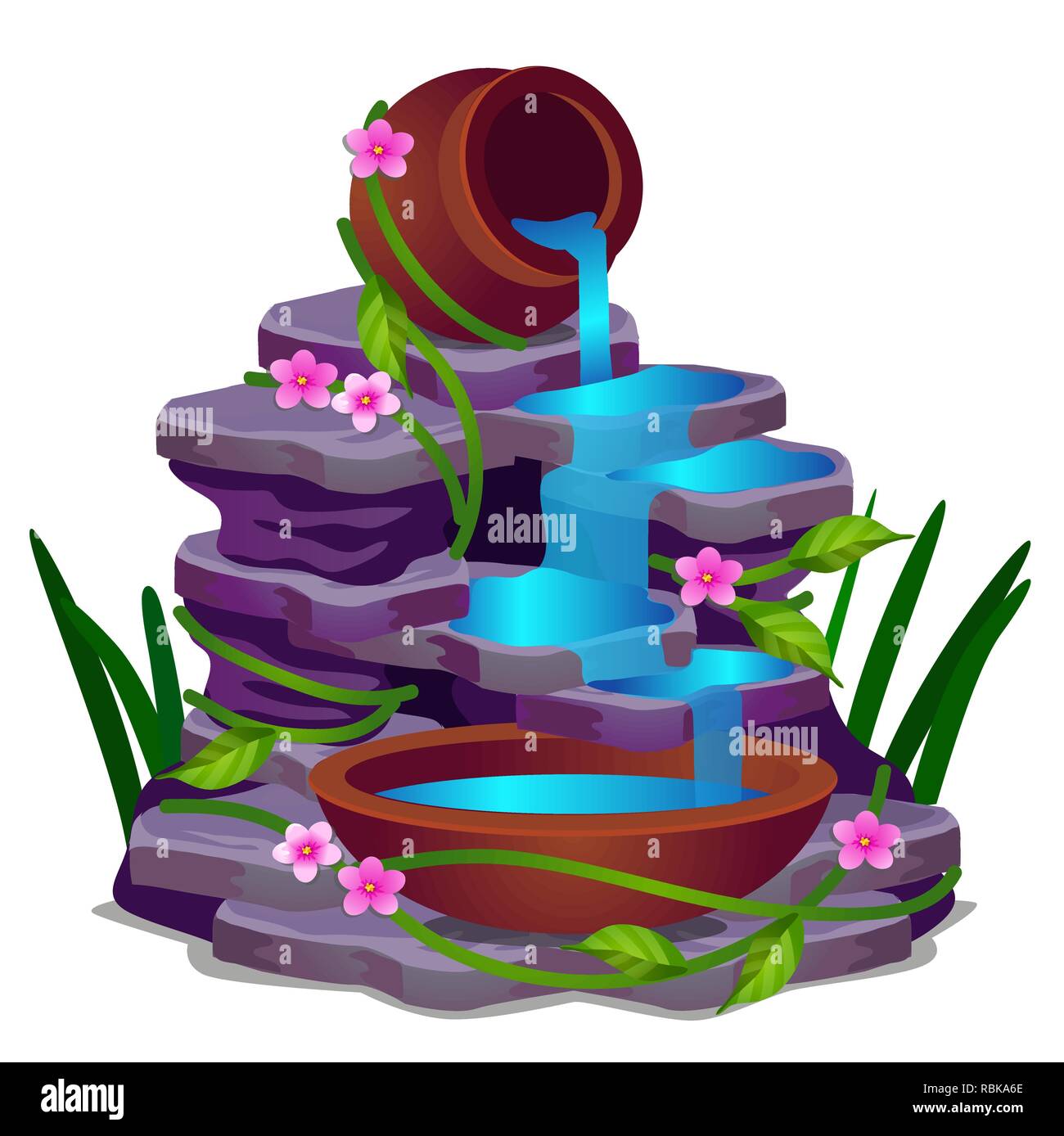 Eine niedrige Rocky Wasserfall und Pflanzen auf einem weißen Hintergrund. Vektor cartoon Close-up Abbildung. Stock Vektor