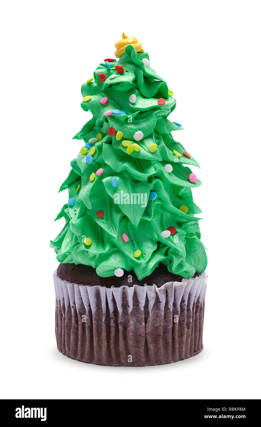 Weihnachtsbaum Cupcake mit Wrapper isoliert auf weißem Hintergrund. Stockfoto