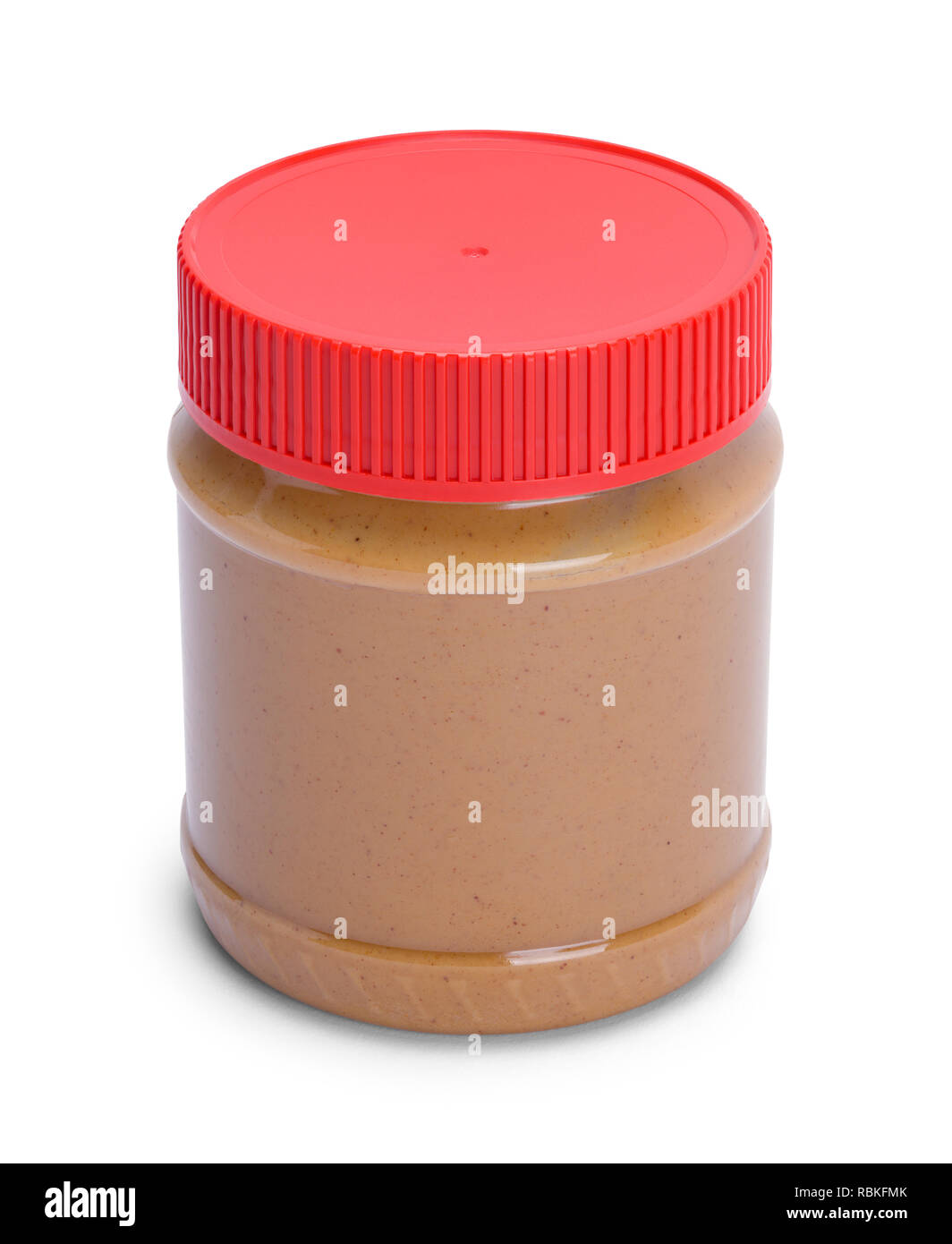 Peanut Butter Behälter mit rotem Deckel isoliert auf Weiss. Stockfoto