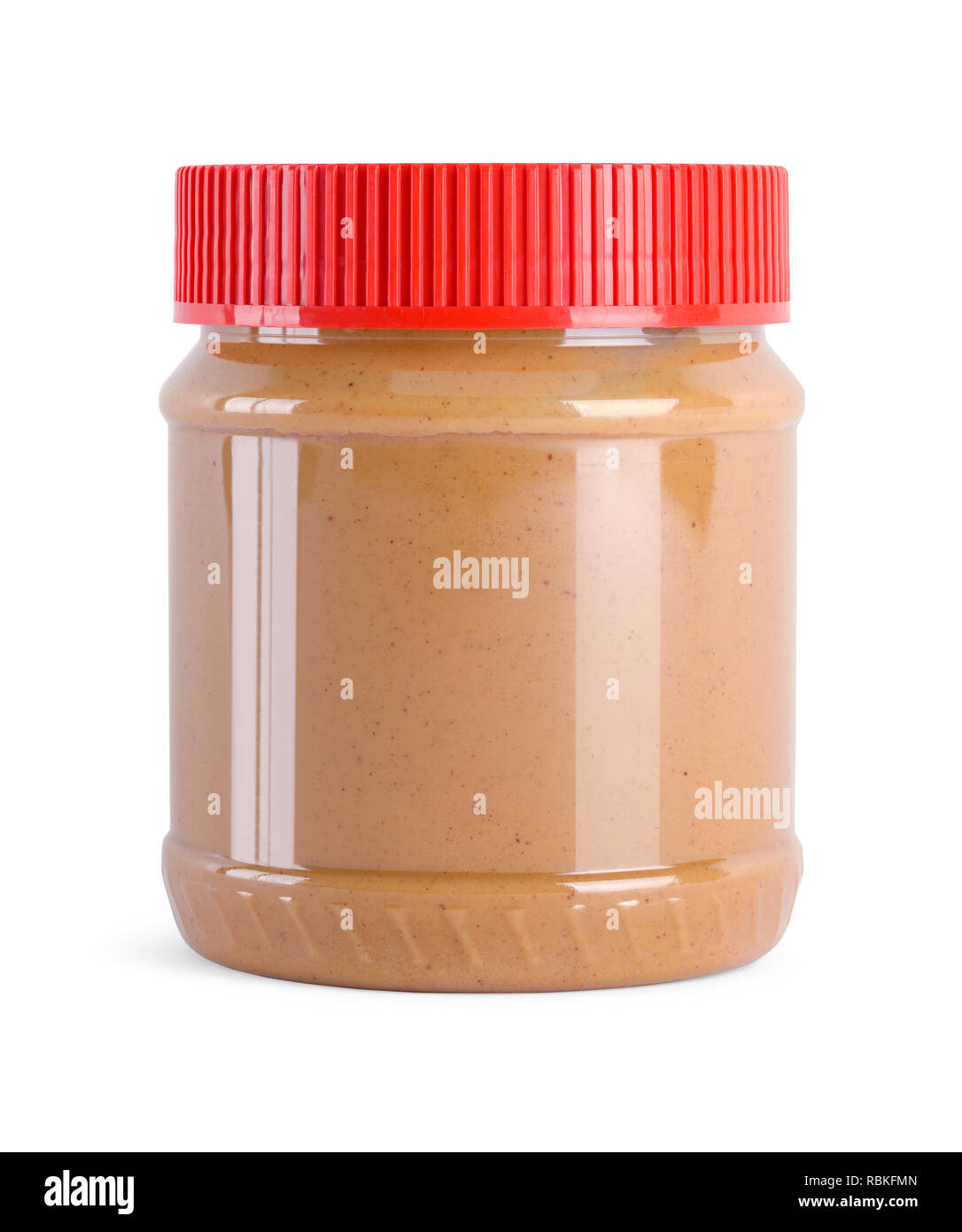 Peanut Butter Behälter mit rotem Deckel isoliert auf Weiss. Stockfoto