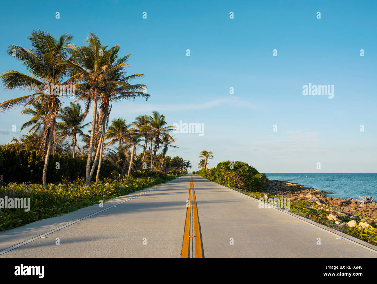 Malerische Karibik Küstenstraße mit Palmen entlang der Uferpromenade. Die Insel San Andrés, Kolumbien. Okt 2018 Stockfoto