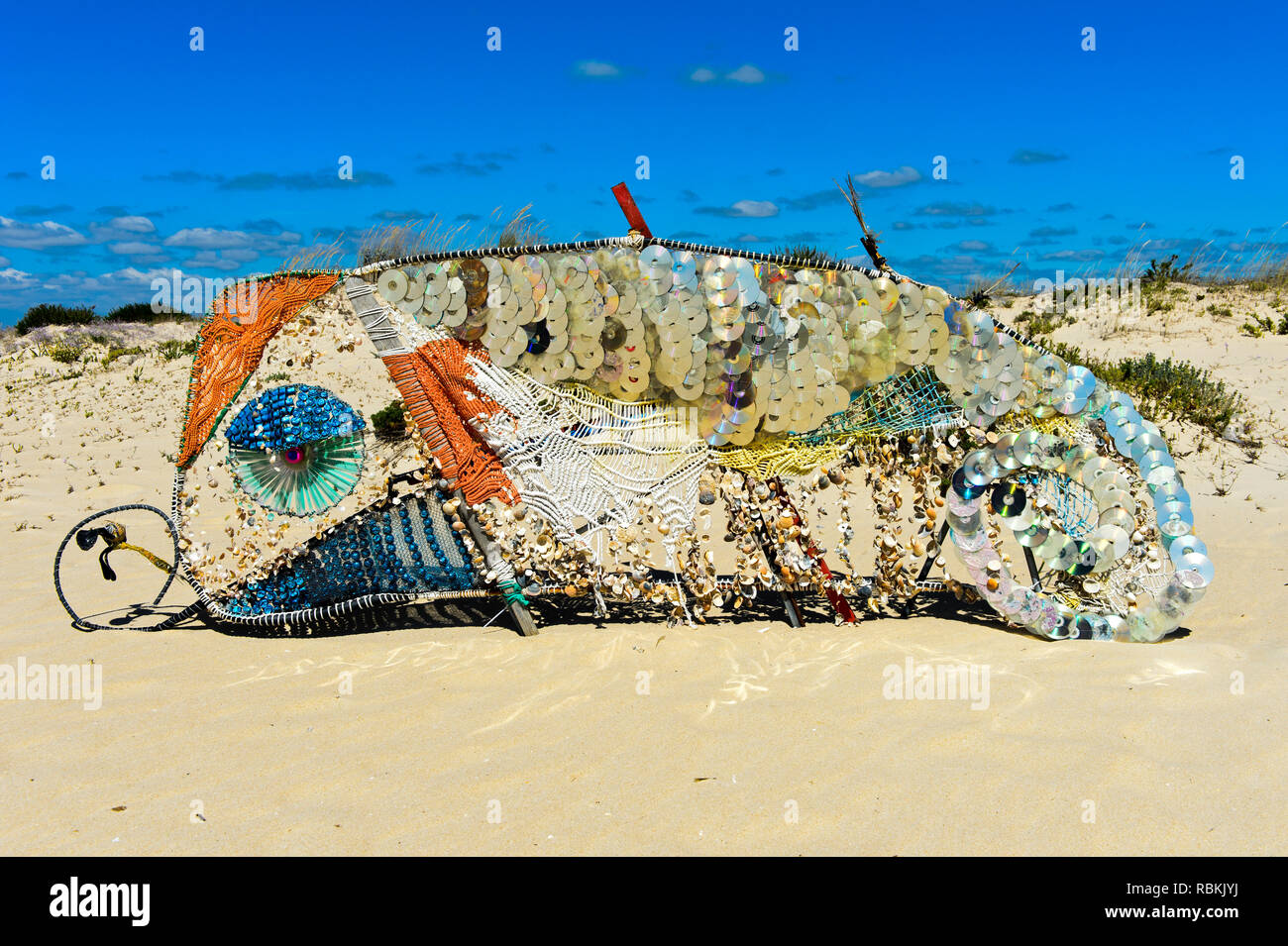 Käfer, Skulptur aus Muscheln und Müll am Strand gesammelt, eco-Kunst, ein Rota, die sie Sargo Sargo Route, Insel Tavira, Ilha de Tavira, Tavira, Stockfoto