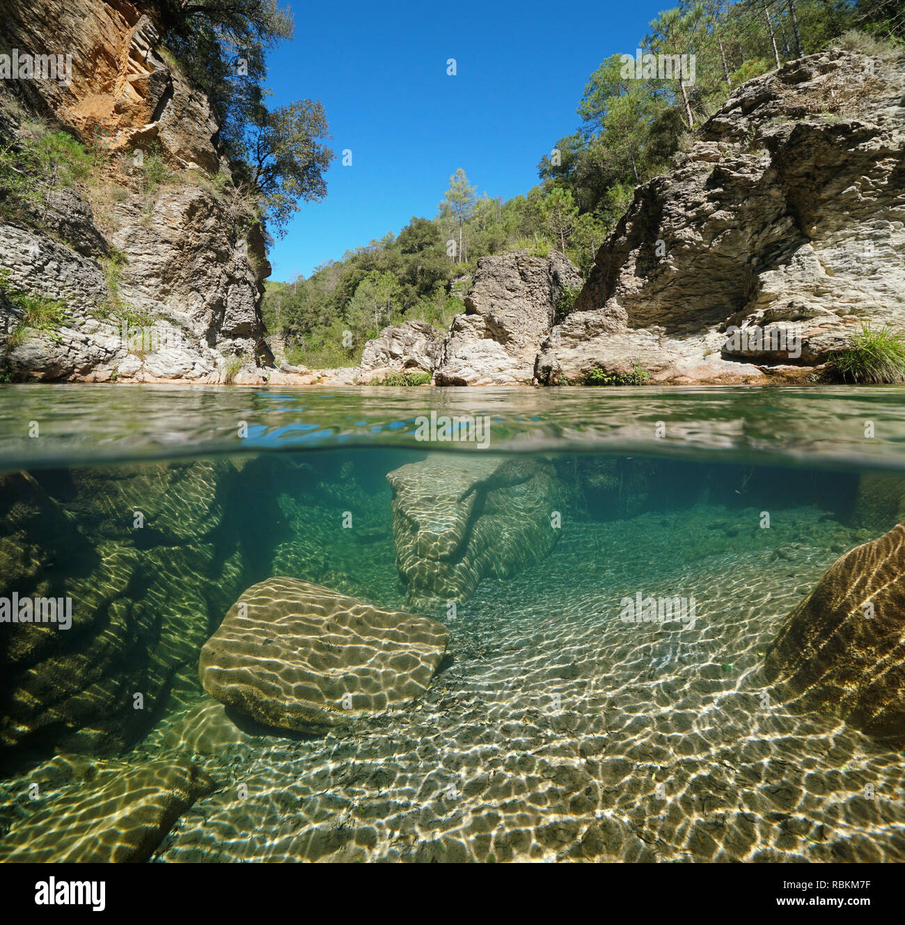 Wilder Fluss mit Felsen über und Unterwasser, geteilte Ansicht Hälfte oberhalb und unterhalb der Wasseroberfläche, la Muga, Katalonien, Spanien Stockfoto